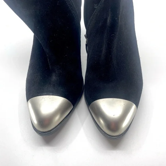 Black Suede Heeled Boots with Silver Metallic Toe Cap - Picture 8 of 9